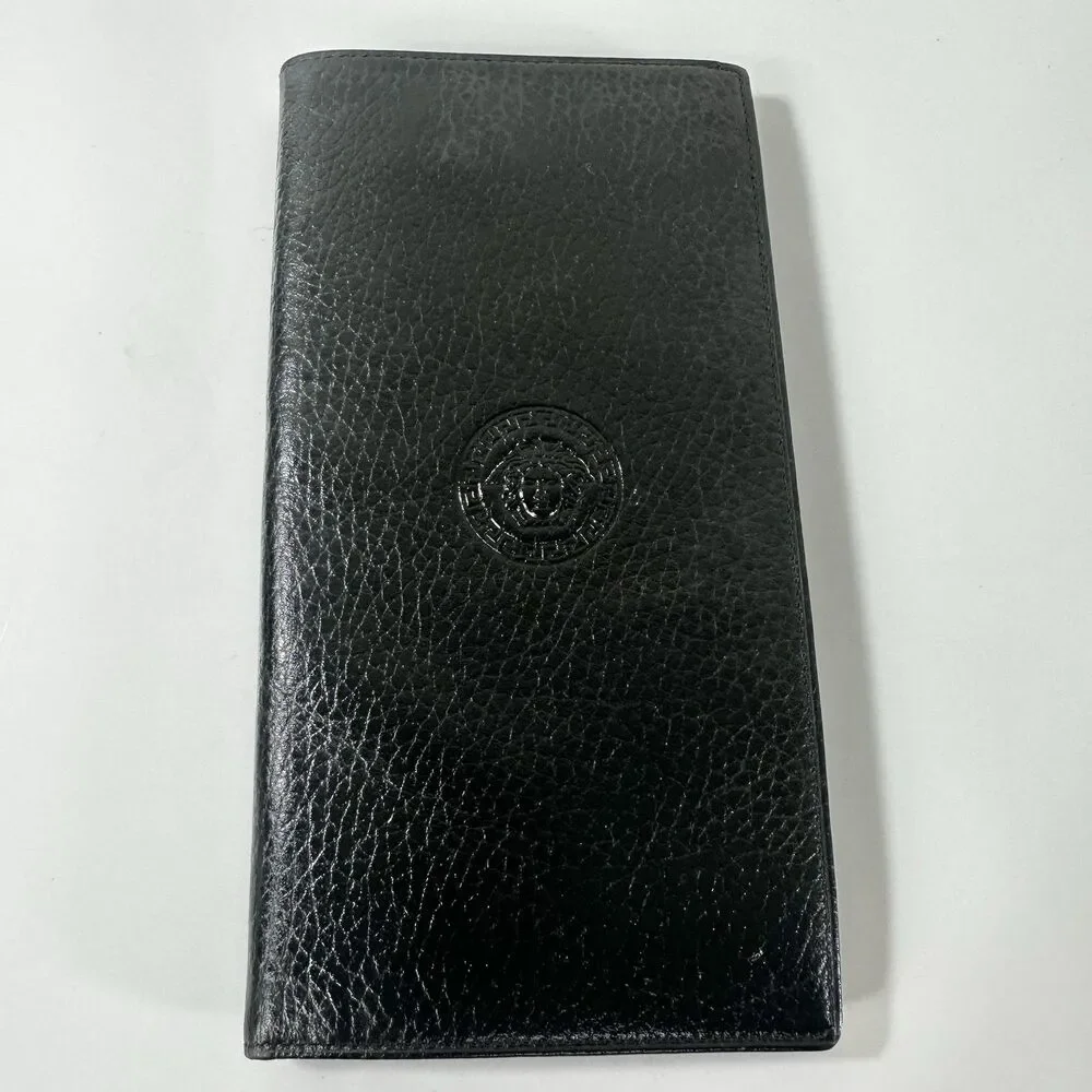 Gianni Versace Long Wallet Mens Vertical Black Leather Medusa Logo Bifold Italy